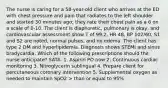 The nurse is caring for a 58-year-old client who arrives at the ED with chest pressure and pain that radiates to the left shoulder and started 30 minutes ago; they rate their chest pain as a 6 on a scale of 0-10. The client is diaphoretic, pulmonary is okay, and cardiovascular assessment show T of 99.2, HR 48, BP 102/60, S1 and S2 are noted, normal pulses, and no edema. The client has type 2 DM and hyperlipidemia. Diagnosis shows STEMI and sinus bradycardia. Which of the following prescriptions should the nurse anticipate? SATA: 1. Aspirin PO now 2. Continuous cardiac monitoring 3. Nitroglycerin sublingual 4. Prepare client for percutaneous coronary intervention 5. Supplemental oxygen as needed to maintain SpO2 > than or equal to 95%