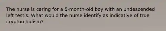 The nurse is caring for a 5-month-old boy with an undescended left testis. What would the nurse identify as indicative of true cryptorchidism?