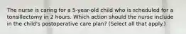 The nurse is caring for a 5-year-old child who is scheduled for a tonsillectomy in 2 hours. Which action should the nurse include in the child's postoperative care plan? (Select all that apply.)