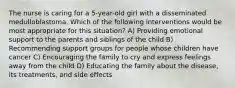 The nurse is caring for a 5-year-old girl with a disseminated medulloblastoma. Which of the following interventions would be most appropriate for this situation? A) Providing emotional support to the parents and siblings of the child B) Recommending support groups for people whose children have cancer C) Encouraging the family to cry and express feelings away from the child D) Educating the family about the disease, its treatments, and side effects