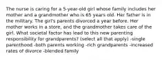The nurse is caring for a 5-year-old girl whose family includes her mother and a grandmother who is 65 years old. Her father is in the military. The girl's parents divorced a year before. Her mother works in a store, and the grandmother takes care of the girl. What societal factor has lead to this new parenting responsibility for grandparents? (select all that apply) -single parenthood -both parents working -rich grandparents -increased rates of divorce -blended family