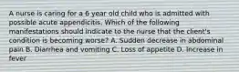 A nurse is caring for a 6 year old child who is admitted with possible acute appendicitis. Which of the following manifestations should indicate to the nurse that the client's condition is becoming worse? A. Sudden decrease in abdominal pain B. Diarrhea and vomiting C. Loss of appetite D. Increase in fever