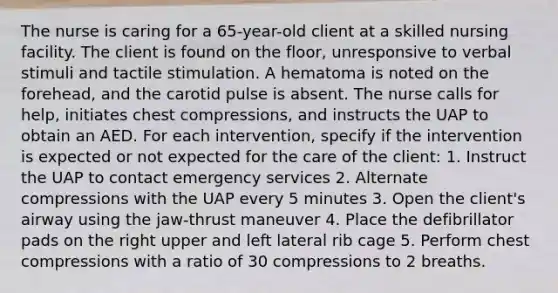 The nurse is caring for a 65-year-old client at a skilled nursing facility. The client is found on the floor, unresponsive to verbal stimuli and tactile stimulation. A hematoma is noted on the forehead, and the carotid pulse is absent. The nurse calls for help, initiates chest compressions, and instructs the UAP to obtain an AED. For each intervention, specify if the intervention is expected or not expected for the care of the client: 1. Instruct the UAP to contact emergency services 2. Alternate compressions with the UAP every 5 minutes 3. Open the client's airway using the jaw-thrust maneuver 4. Place the defibrillator pads on the right upper and left lateral rib cage 5. Perform chest compressions with a ratio of 30 compressions to 2 breaths.