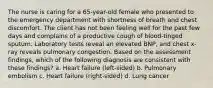 The nurse is caring for a 65-year-old female who presented to the emergency department with shortness of breath and chest discomfort. The client has not been feeling well for the past few days and complains of a productive cough of blood-tinged sputum. Laboratory tests reveal an elevated BNP, and chest x-ray reveals pulmonary congestion. Based on the assessment findings, which of the following diagnosis are consistent with these findings? a. Heart failure (left-sided) b. Pulmonary embolism c. Heart failure (right-sided) d. Lung cancer