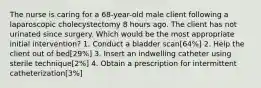 The nurse is caring for a 68-year-old male client following a laparoscopic cholecystectomy 8 hours ago. The client has not urinated since surgery. Which would be the most appropriate initial intervention? 1. Conduct a bladder scan[64%] 2. Help the client out of bed[29%] 3. Insert an indwelling catheter using sterile technique[2%] 4. Obtain a prescription for intermittent catheterization[3%]