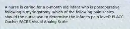 A nurse is caring for a 6-month old infant who is postoperative following a myringotomy. which of the following pain scales should the nurse use to determine the infant's pain level? FLACC Oucher FACES Visual Analog Scale