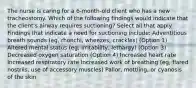 The nurse is caring for a 6-month-old client who has a new tracheostomy. Which of the following findings would indicate that the client's airway requires suctioning? Select all that apply. Findings that indicate a need for suctioning include: Adventitious breath sounds (eg, rhonchi, wheezes, crackles) (Option 1) Altered mental status (eg, irritability, lethargy) (Option 3) Decreased oxygen saturation (Option 4) Increased heart rate Increased respiratory rate Increased work of breathing (eg, flared nostrils, use of accessory muscles) Pallor, mottling, or cyanosis of the skin