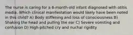 The nurse is caring for a 6-month-old infant diagnosed with otitis media. Which clinical manifestation would likely have been noted in this child? A) Body stiffening and loss of consciousness B) Shaking the head and pulling the ear C) Severe vomiting and confusion D) High-pitched cry and nuchal rigidity