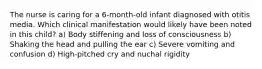 The nurse is caring for a 6-month-old infant diagnosed with otitis media. Which clinical manifestation would likely have been noted in this child? a) Body stiffening and loss of consciousness b) Shaking the head and pulling the ear c) Severe vomiting and confusion d) High-pitched cry and nuchal rigidity