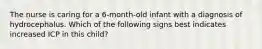 The nurse is caring for a 6-month-old infant with a diagnosis of hydrocephalus. Which of the following signs best indicates increased ICP in this child?