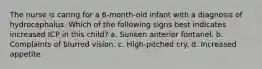 The nurse is caring for a 6-month-old infant with a diagnosis of hydrocephalus. Which of the following signs best indicates increased ICP in this child? a. Sunken anterior fontanel. b. Complaints of blurred vision. c. High-pitched cry. d. Increased appetite.