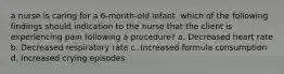 a nurse is caring for a 6-month-old infant. which of the following findings should indication to the nurse that the client is experiencing pain following a procedure? a. Decreased heart rate b. Decreased respiratory rate c. Increased formula consumption d. Increased crying episodes