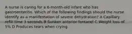 A nurse is caring for a 6-month-old infant who has gastroenteritis. Which of the following findings should the nurse identify as a manifestation of severe dehydration? A Capillary refill time 3 seconds B Sunken anterior fontanel C Weight loss of 5% D Produces tears when crying