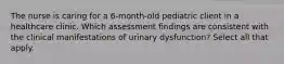 The nurse is caring for a 6-month-old pediatric client in a healthcare clinic. Which assessment findings are consistent with the clinical manifestations of urinary dysfunction? Select all that apply.​