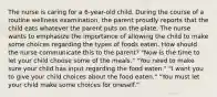 The nurse is caring for a 6-year-old child. During the course of a routine wellness examination, the parent proudly reports that the child eats whatever the parent puts on the plate. The nurse wants to emphasize the importance of allowing the child to make some choices regarding the types of foods eaten. How should the nurse communicate this to the parent? "Now is the time to let your child choose some of the meals." "You need to make sure your child has input regarding the food eaten." "I want you to give your child choices about the food eaten." "You must let your child make some choices for oneself."