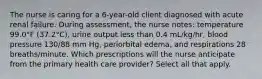 The nurse is caring for a 6-year-old client diagnosed with acute renal failure. During assessment, the nurse notes: temperature 99.0°F (37.2°C), urine output less than 0.4 mL/kg/hr, blood pressure 130/88 mm Hg, periorbital edema, and respirations 28 breaths/minute. Which prescriptions will the nurse anticipate from the primary health care provider? Select all that apply.