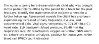 The nurse is caring for a 6-year-old male child who was brought to the pediatrician's office by the parent for a fever for the past few days. Identify the statements that indicate a need for a further follow up. Assessment reveals the client has also been experiencing increased urinary frequency, dysuria, and costovertebral pain. Vital signs: temperature, 101.2F (38.4 C); heart rate, 110 beats/min; blood pressure, 88/48 mm Hg; respiratory rate, 22 breaths/min; oxygen saturation, 98% room air. Laboratory results: urinalysis, positive for leukocytes; white blood cell (WBC) count elevated