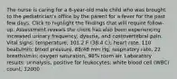 The nurse is caring for a 6-year-old male child who was brought to the pediatrician's office by the parent for a fever for the past few days. Click to highlight the findings that will require follow-up. Assessment reveals the client has also been experiencing increased urinary frequency, dysuria, and costovertebral pain. Vital signs: temperature, 101.2 F (38.4 C); heart rate, 110 beats/min; blood pressure, 88/48 mm Hg; respiratory rate, 22 breaths/min; oxygen saturation, 98% room air. Laboratory results: urinalysis, positive for leukocytes; white blood cell (WBC) count, 12000