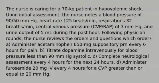 The nurse is caring for a 70-kg patient in hypovolemic shock. Upon initial assessment, the nurse notes a blood pressure of 90/50 mm Hg, heart rate 125 beats/min, respirations 32 breaths/min, central venous pressure (CVP/RAP) of 3 mm Hg, and urine output of 5 mL during the past hour. Following physician rounds, the nurse reviews the orders and questions which order? a) Administer acetaminophen 650-mg suppository prn every 6 hours for pain. b) Titrate dopamine intravenously for blood pressure less than 90 mm Hg systolic. c) Complete neurological assessment every 4 hours for the next 24 hours. d) Administer furosemide 20 mg IV every 4 hours for a CVP greater than or equal to 20 mm Hg.