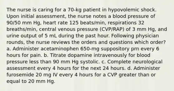 The nurse is caring for a 70-kg patient in hypovolemic shock. Upon initial assessment, the nurse notes a blood pressure of 90/50 mm Hg, heart rate 125 beats/min, respirations 32 breaths/min, central venous pressure (CVP/RAP) of 3 mm Hg, and urine output of 5 mL during the past hour. Following physician rounds, the nurse reviews the orders and questions which order? a. Administer acetaminophen 650-mg suppository prn every 6 hours for pain. b. Titrate dopamine intravenously for blood pressure less than 90 mm Hg systolic. c. Complete neurological assessment every 4 hours for the next 24 hours. d. Administer furosemide 20 mg IV every 4 hours for a CVP greater than or equal to 20 mm Hg.