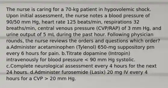 The nurse is caring for a 70-kg patient in hypovolemic shock. Upon initial assessment, the nurse notes a blood pressure of 90/50 mm Hg, heart rate 125 beats/min, respirations 32 breaths/min, central venous pressure (CVP/RAP) of 3 mm Hg, and urine output of 5 mL during the past hour. Following physician rounds, the nurse reviews the orders and questions which order? a.Administer acetaminophen (Tylenol) 650-mg suppository prn every 6 hours for pain. b.Titrate dopamine (Intropin) intravenously for blood pressure 20 mm Hg.