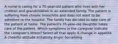 A nurse is caring for a 70-year-old patient who lives with her children and grandchildren in an extended family. The patient is suffering from chronic bronchitis and does not want to be admitted to the hospital. The family has decided to take care of the patient at home. The patient's 35-year-old daughter takes care of the patient. Which symptoms in the caregiver indicate the caregiver's stress? Select all that apply A change in appetite A cheerful attitude Irritability Anger Socializing