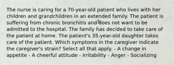 The nurse is caring for a 70-year-old patient who lives with her children and grandchildren in an extended family. The patient is suffering from chronic bronchitis and does not want to be admitted to the hospital. The family has decided to take care of the patient at home. The patient's 35-year-old daughter takes care of the patient. Which symptoms in the caregiver indicate the caregiver's strain? Select all that apply. - A change in appetite - A cheerful attitude - Irritability - Anger - Socializing