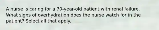 A nurse is caring for a 70-year-old patient with renal failure. What signs of overhydration does the nurse watch for in the patient? Select all that apply.