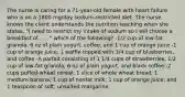 The nurse is caring for a 71-year-old female with heart failure who is on a 1800 mg/day sodium-restricted diet. The nurse knows the client understands the nutrition teaching when she states, "I need to restrict my intake of sodium so I will choose a breakfast of . . . " which of the following? -1/2 cup of low-fat granola, 6 oz of plain yogurt, coffee, and 1 cup of orange juice -1 cup of orange juice, 1 waffle topped with 3/4 cup of blueberries, and coffee -A parfait consisting of 1 1/4 cups of strawberries, 1/2 cup of low-fat granola, 6 oz of plain yogurt, and black coffee -2 cups puffed-wheat cereal; 1 slice of whole wheat bread; 1 medium banana; 1 cup of nonfat milk; 1 cup of orange juice; and 1 teaspoon of soft, unsalted margarine