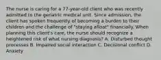 The nurse is caring for a 77-year-old client who was recently admitted to the geriatric medical unit. Since admission, the client has spoken frequently of becoming a burden to their children and the challenge of "staying afloat" financially. When planning this client's care, the nurse should recognize a heightened risk of what nursing diagnosis? A. Disturbed thought processes B. Impaired social interaction C. Decisional conflict D. Anxiety