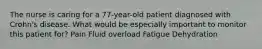 The nurse is caring for a 77-year-old patient diagnosed with Crohn's disease. What would be especially important to monitor this patient for? Pain Fluid overload Fatigue Dehydration