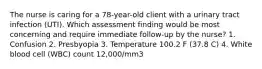 The nurse is caring for a 78-year-old client with a urinary tract infection (UTI). Which assessment finding would be most concerning and require immediate follow-up by the nurse? 1. Confusion 2. Presbyopia 3. Temperature 100.2 F (37.8 C) 4. White blood cell (WBC) count 12,000/mm3