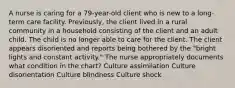 A nurse is caring for a 79-year-old client who is new to a long-term care facility. Previously, the client lived in a rural community in a household consisting of the client and an adult child. The child is no longer able to care for the client. The client appears disoriented and reports being bothered by the "bright lights and constant activity." The nurse appropriately documents what condition in the chart? Culture assimilation Culture disorientation Culture blindness Culture shock