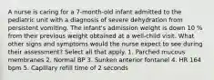 A nurse is caring for a 7-month-old infant admitted to the pediatric unit with a diagnosis of severe dehydration from persistent vomiting. The infant's admission weight is down 10 % from their previous weight obtained at a well-child visit. What other signs and symptoms would the nurse expect to see during their assessment? Select all that apply. 1. Parched mucous membranes 2. Normal BP 3. Sunken anterior fontanel 4. HR 164 bpm 5. Capillary refill time of 2 seconds