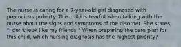 The nurse is caring for a 7-year-old girl diagnosed with precocious puberty. The child is tearful when talking with the nurse about the signs and symptoms of the disorder. She states, "I don't look like my friends." When preparing the care plan for this child, which nursing diagnosis has the highest priority?