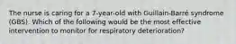 The nurse is caring for a 7-year-old with Guillain-Barré syndrome (GBS). Which of the following would be the most effective intervention to monitor for respiratory deterioration?