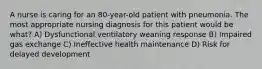 A nurse is caring for an 80-year-old patient with pneumonia. The most appropriate nursing diagnosis for this patient would be what? A) Dysfunctional ventilatory weaning response B) Impaired gas exchange C) Ineffective health maintenance D) Risk for delayed development