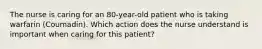 The nurse is caring for an 80-year-old patient who is taking warfarin (Coumadin). Which action does the nurse understand is important when caring for this patient?