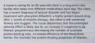 A nurse is caring for an 81-year-old client in a long-term care facility who takes nine different medications each day. The client has a recent diagnosis of seizure disorder and has begun treatment with phenytoin (Dilantin), a highly protein-bound drug. After 1 month of Dilantin therapy, the client is still extremely drowsy and sluggish. The nurse determines that the prolonged adverse effect is likely due to: an increase in creatinine to be filtered. polypharmacy decreasing the number of available protein-binding sites. increased efficiency of the blood-brain barrier. the normally low protein-binding properties of Dilantin.