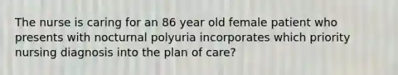 The nurse is caring for an 86 year old female patient who presents with nocturnal polyuria incorporates which priority nursing diagnosis into the plan of care?