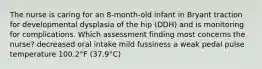 The nurse is caring for an 8-month-old infant in Bryant traction for developmental dysplasia of the hip (DDH) and is monitoring for complications. Which assessment finding most concerns the nurse? decreased oral intake mild fussiness a weak pedal pulse temperature 100.2°F (37.9°C)