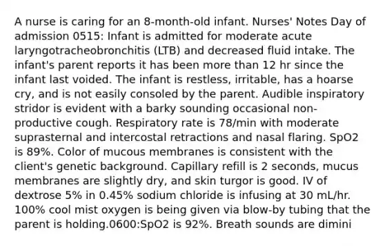 A nurse is caring for an 8-month-old infant. Nurses' Notes Day of admission 0515: Infant is admitted for moderate acute laryngotracheobronchitis (LTB) and decreased fluid intake. The infant's parent reports it has been more than 12 hr since the infant last voided. The infant is restless, irritable, has a hoarse cry, and is not easily consoled by the parent. Audible inspiratory stridor is evident with a barky sounding occasional non-productive cough. Respiratory rate is 78/min with moderate suprasternal and intercostal retractions and nasal flaring. SpO2 is 89%. Color of mucous membranes is consistent with the client's genetic background. Capillary refill is 2 seconds, mucus membranes are slightly dry, and skin turgor is good. IV of dextrose 5% in 0.45% sodium chloride is infusing at 30 mL/hr. 100% cool mist oxygen is being given via blow-by tubing that the parent is holding.0600:SpO2 is 92%. Breath sounds are dimini