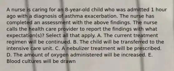 A nurse is caring for an 8-year-old child who was admitted 1 hour ago with a diagnosis of asthma exacerbation. The nurse has completed an assessment with the above findings. The nurse calls the health care provider to report the findings with what expectation(s)? Select all that apply. A. The current treatment regimen will be continued. B. The child will be transferred to the intensive care unit. C. A nebulizer treatment will be prescribed. D. The amount of oxygen administered will be increased. E. Blood cultures will be drawn