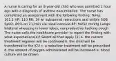 A nurse is caring for an 8-year-old child who was admitted 1 hour ago with a diagnosis of asthma exacerbation. The nurse has completed an assessment with the following finding: Temp: 101.1 HR: 110 RR: 34 w/ substernal retractions and visible SOB SpO2: 89% on 2 L/min via nasal cannula BP: 94/52 mmHg Lungs: bilateral wheezing in lower lobes, nonproductive hacking cough The nurse calls the healthcare provider to report the finding with what expectations(s)? Select all that apply (2) a. the current treatment regimen will be continued b. the child will be transferred to the ICU c. a nebulizer treatment will be prescribed d. the amount of oxygen administered will be increased e. blood culture will be drawn