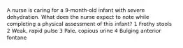 A nurse is caring for a 9-month-old infant with severe dehydration. What does the nurse expect to note while completing a physical assessment of this infant? 1 Frothy stools 2 Weak, rapid pulse 3 Pale, copious urine 4 Bulging anterior fontane