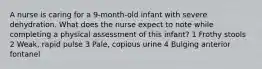 A nurse is caring for a 9-month-old infant with severe dehydration. What does the nurse expect to note while completing a physical assessment of this infant? 1 Frothy stools 2 Weak, rapid pulse 3 Pale, copious urine 4 Bulging anterior fontanel