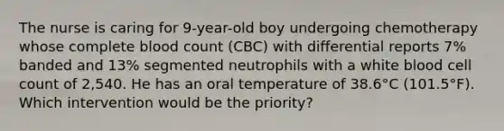 The nurse is caring for 9-year-old boy undergoing chemotherapy whose complete blood count (CBC) with differential reports 7% banded and 13% segmented neutrophils with a white blood cell count of 2,540. He has an oral temperature of 38.6°C (101.5°F). Which intervention would be the priority?