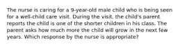 The nurse is caring for a 9-year-old male child who is being seen for a well-child care visit. During the visit, the child's parent reports the child is one of the shorter children in his class. The parent asks how much more the child will grow in the next few years. Which response by the nurse is appropriate?