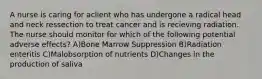 A nurse is caring for aclient who has undergone a radical head and neck ressection to treat cancer and is recieving radiation. The nurse should monitor for which of the following potential adverse effects? A)Bone Marrow Suppression B)Radiation enteritis C)Malobsorption of nutrients D)Changes in the production of saliva