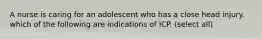 A nurse is caring for an adolescent who has a close head injury. which of the following are indications of ICP. (select all)